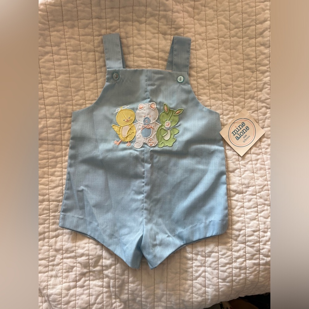 Vintage deadstock blue Jon Jon romper w/ animals (duck, bear, bunny) 3/6 months
